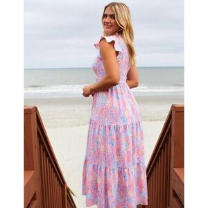 Simply Southern Pineapple Tropical Pink Blue Maxi Flutter Sleeve Smock Dress